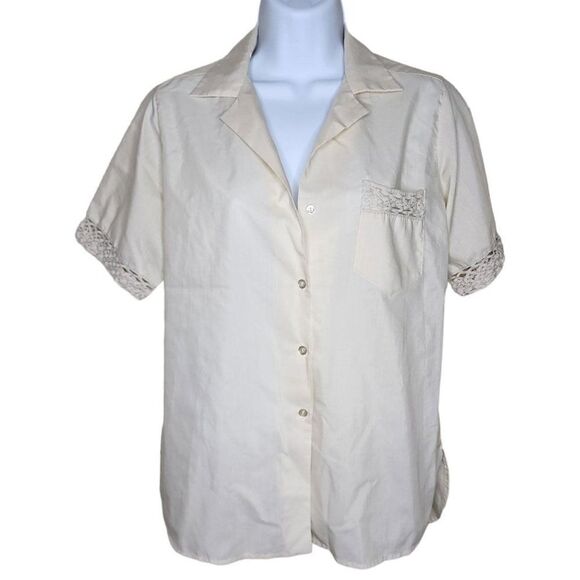 Vintage 80s Button Up Blouse Short Sleeve Shirt Womens Size L Ivory Cream - Picture 1 of 3